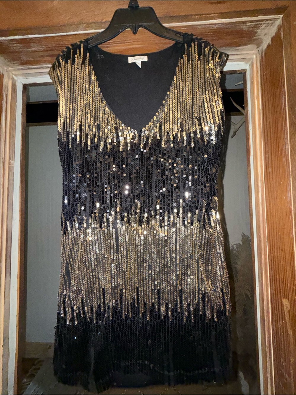 Sequin V-Neck Mini Dress in Black and Gold